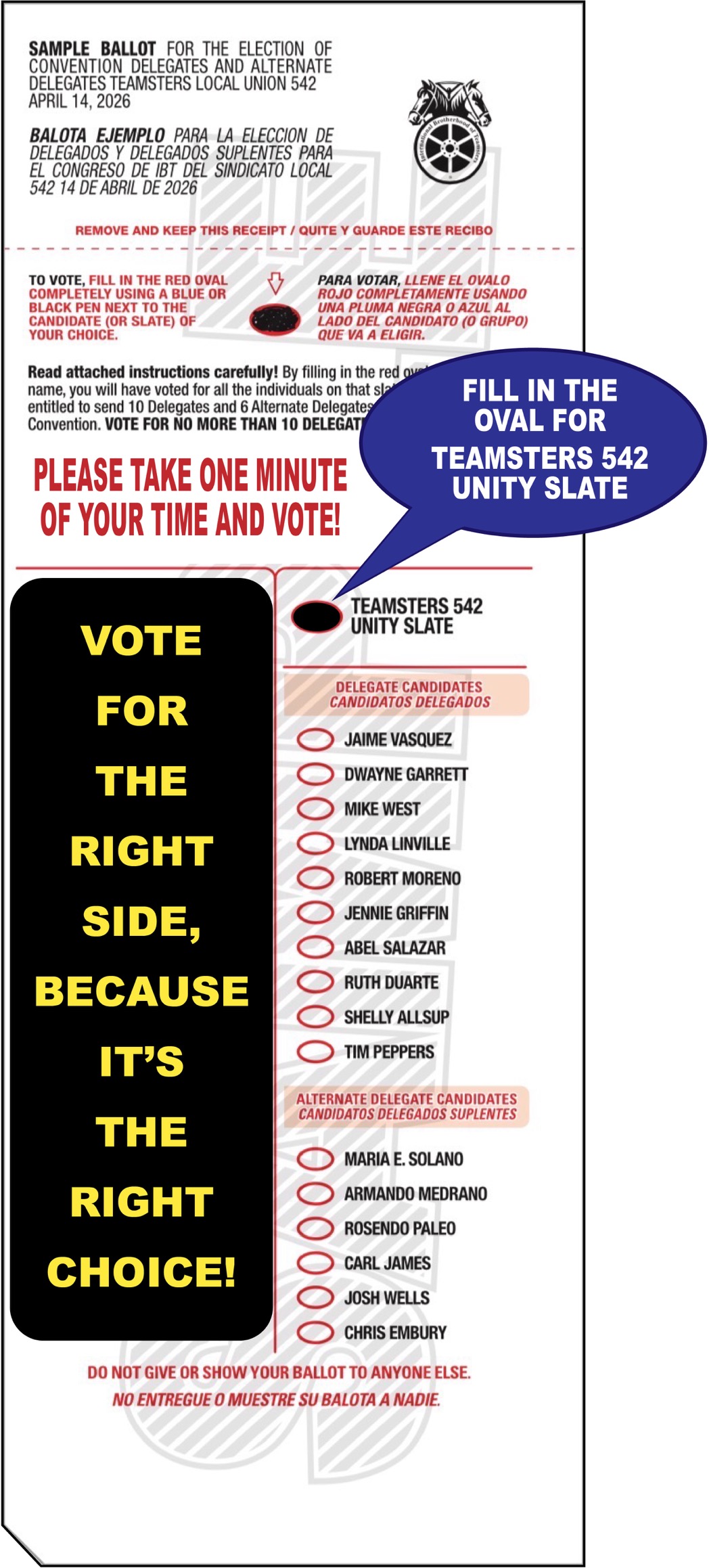 Sample ballot showing where to mark Teamsters 542 Unity Slate